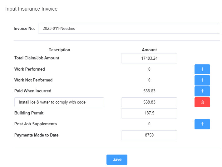 Invoice Data Input Screen